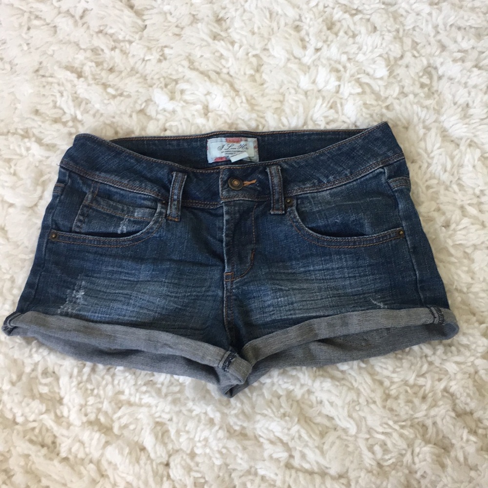 Dark wash rolled jean shorts